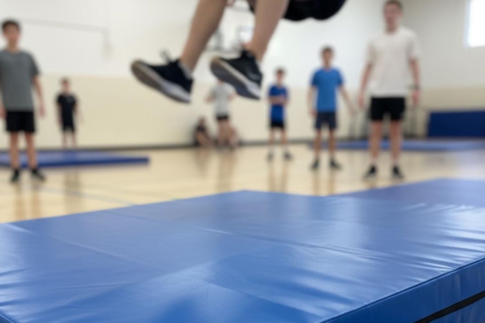 Persona realizando un salto hacia una colchoneta de gimnasio acolchada en un gimnasio escolar